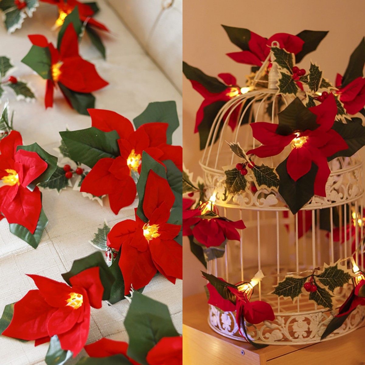 Led First Grade Christmas Lights With Red Flowers And Red Fruits For Home Decor