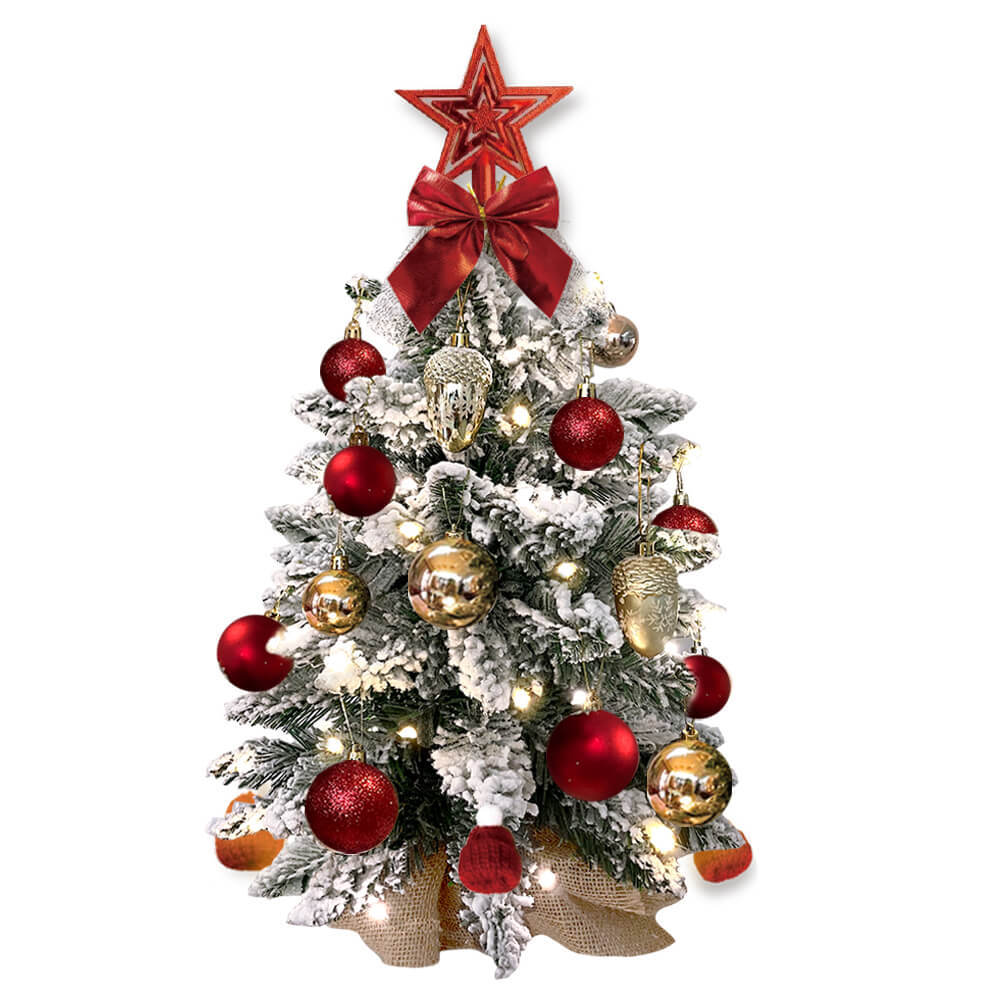 2ft Mini Christmas Tree With Light Artificial Small Tabletop Christmas Decoration With Flocked Snow, Exquisite Decor & Xmas Ornaments For Table Top For Home & Office