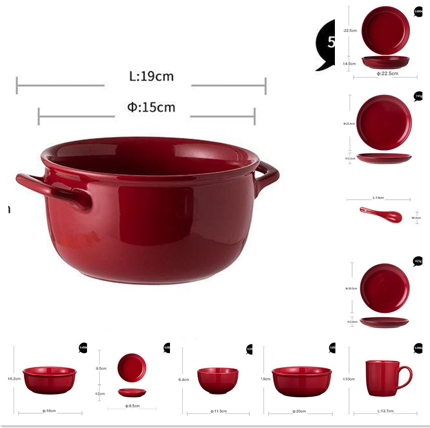 Luxury Red Glaze Ceramic Dinner Sets Kitchen Utensils Porcelain Salad Serving Plate Dish Bowl Restaurant Dining Table Home Decor