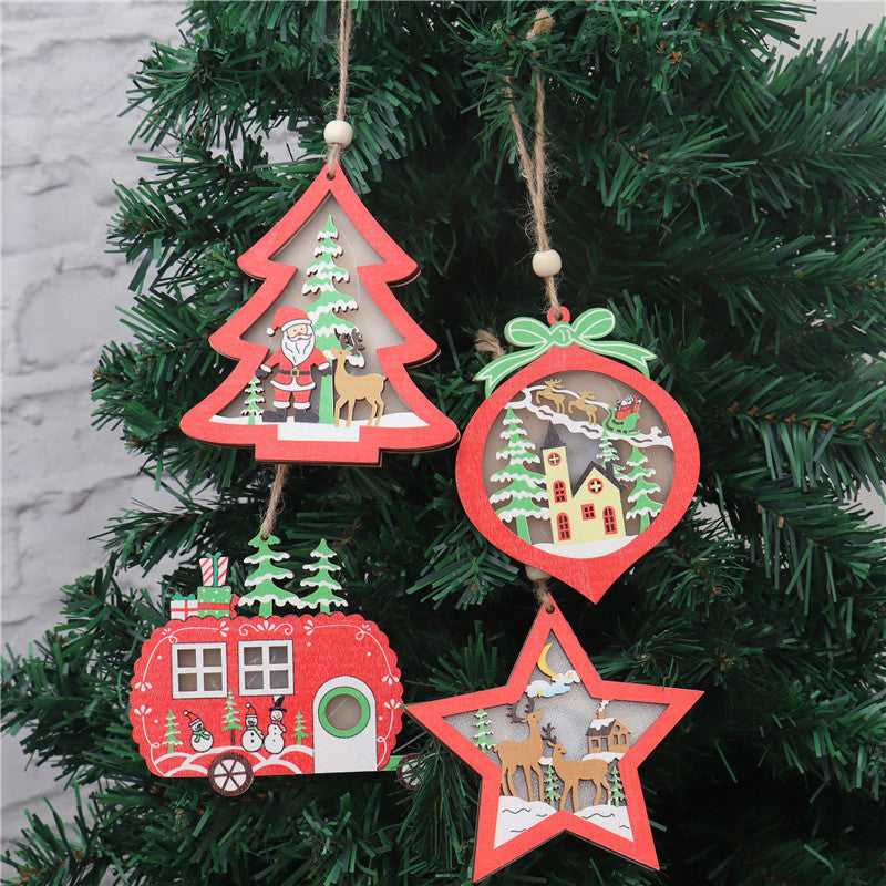 Christmas Decorations Hollow Wooden Pendant Creative Light Included Car Tree Ornaments Christmas Decor Kids Christmas Indoor