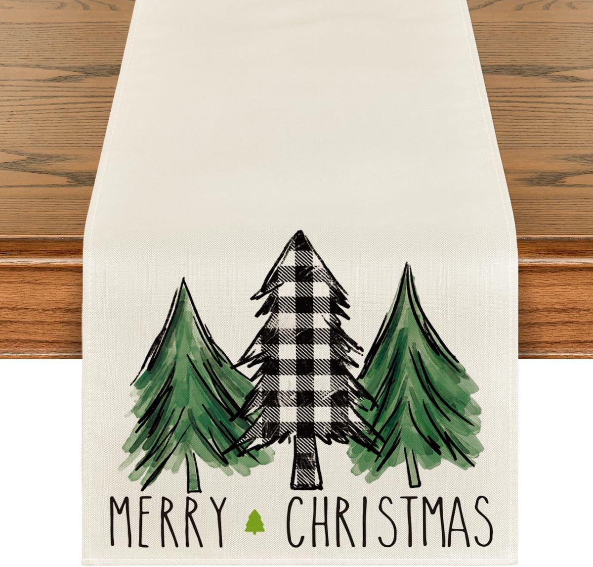 Christmas Trees Merry Xmas Table Runner, Seasonal Winter Holiday Kitchen Dining Table Decoration For Indoor Outdoor Home Party Decor 13 X 72 Inch